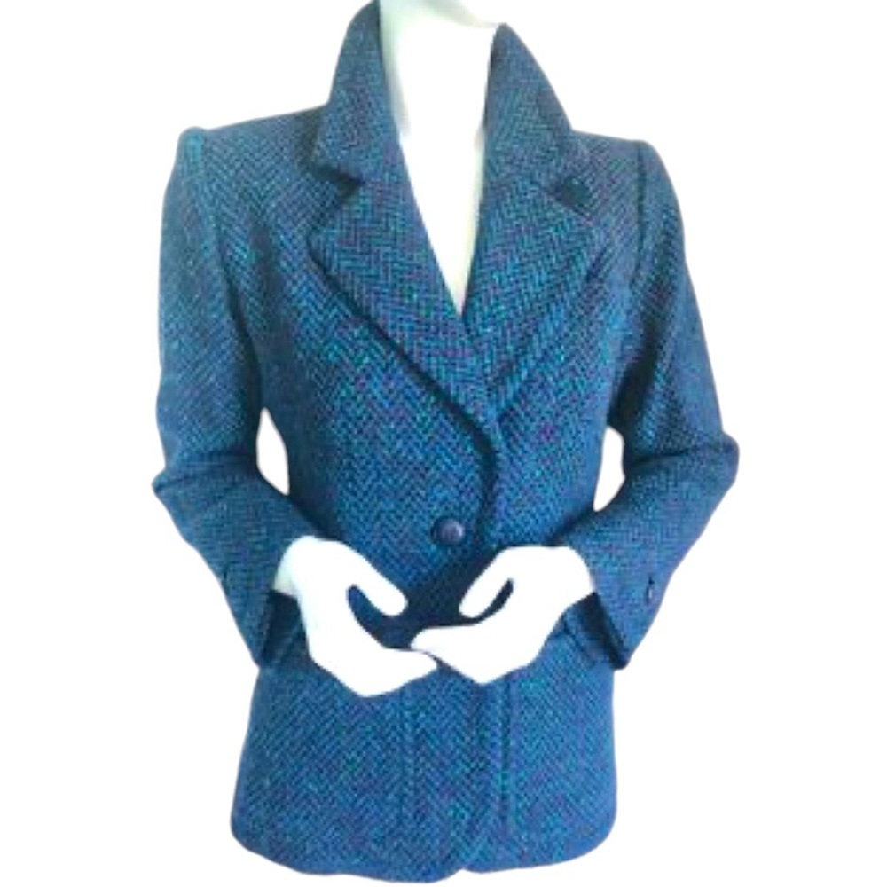 Vintage 80s 90s Saint Laurent Rive Gauche Teal Confetti Tweed Herringbone Blazer - Picture 11 of 11